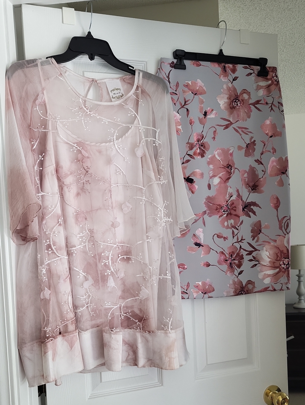 Women’s Sheer Embroidered Blush Pink Floral Top (2-P) and Pencil Skirt. Vintage.